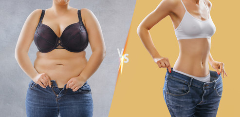 Woman's body before and after weight loss on background