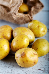 Raw potato food . Fresh potatoes in an old sack on wooden background. 