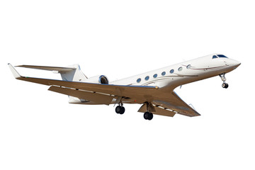Flying modern business jet with released landing gear isolated on a white background