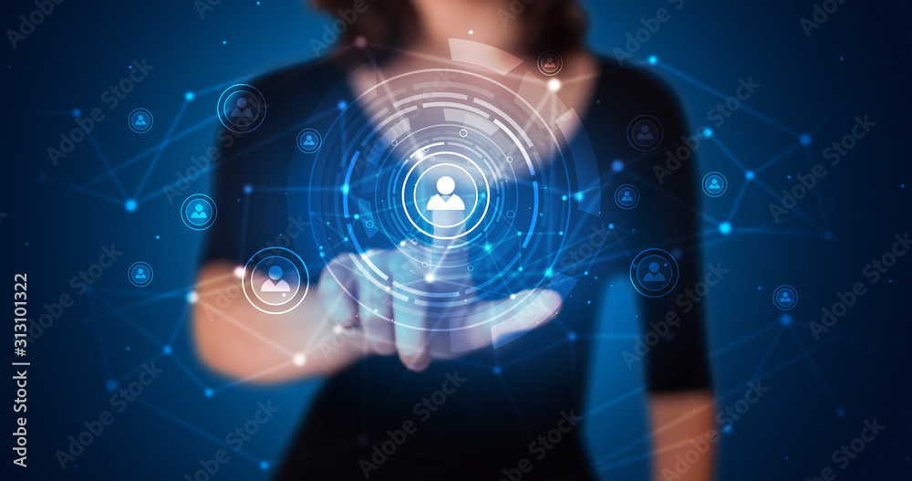 Poster woman touching hologram screen displaying keys and locks