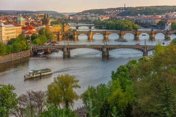 Prague river Vltava bridges landscape view, Czechia (Czech Republic).