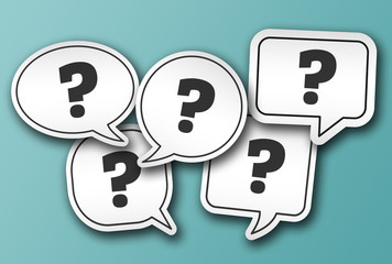 speech bubble stickers with question marks isolated on blue background, Q and A or frequently asked...