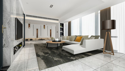 3d rendering loft luxury living room with shelf near dining room
