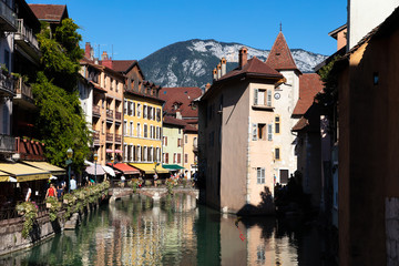 Fototapeta na wymiar n the streets of Annecy, the largest city of Haute Savoie department in the Auvergne Rhone Alpes region in southeastern France. Also called Venice of France.