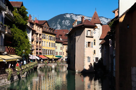 n the streets of Annecy, the largest city of Haute Savoie department in the Auvergne Rhone Alpes region in southeastern France. Also called Venice of France.
