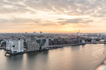 Aeriel view of the river Ij in Amsterdam before sunset