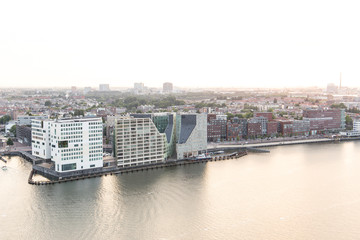 Aeriel view of the river Ij in Amsterdam before sunset