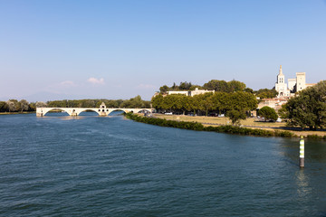 Pont du Avignon over Rhone river - Palais des papes and Notre dame des dome cathedral at Avignon -...