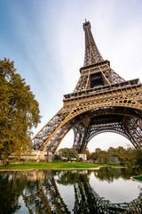 View and the exterior of Eiffel tower from  during Autumn season in the morning . One of the most important view points of Eiffel in  the heart of Paris , France