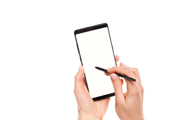 Woman hands working with stylus on black smartphone blank screen with modern frameless design...