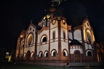 Synagogue illuminated in Subotica, Serbia in black and white