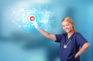 Doctor touching hologram screen displaying medical symbols and charts