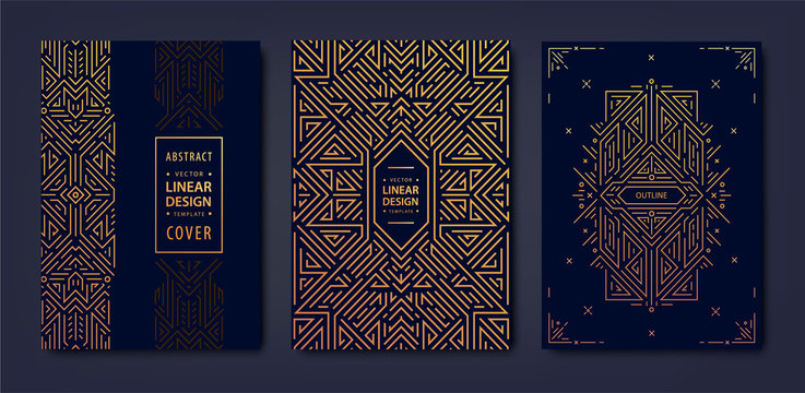 Set of vector Art deco golden covers. Creative design templates. Trendy graphic poster, gatsby brochure, design, packaging and branding. Geometric shapes