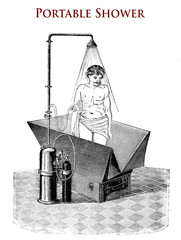 Healthcare and hygiene: man taking a shower in a portable installation with assembled and disassembled tub-case, heater and water pump 19th century