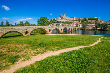 Old Bridge And Cathedral In Beziers, France