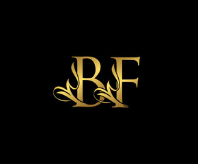 Classy  letter B , F and BF  Vintage Gold Floral Logo Icon, overlapping monogram logo, elegant luxury gold color on black background. Classy Letter Logo Icon.
