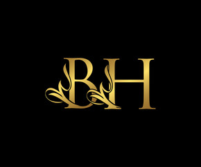 Classy  letter B , H and BH  Vintage Gold Floral Logo Icon, overlapping monogram logo, elegant luxury gold color on black background. Classy Letter Logo Icon.
