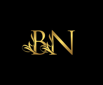 Classy  letter B , N and BN  Vintage Gold Floral Logo Icon, overlapping monogram logo, elegant luxury gold color on black background. Classy Letter Logo Icon.