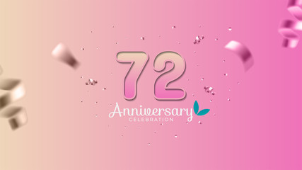 72nd anniversary. Gradient pink and yellow Numbers with sparkling confetti. Modern elegant gradient background design vector EPS 10. For wedding party or company event decoration.