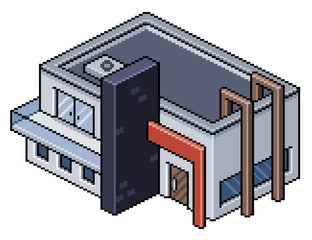 Pixel Art isometric modern house 8 bit 16 bit