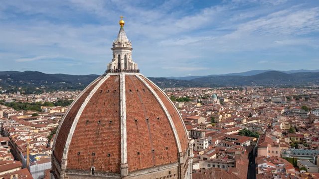 Hyperlapse of Santa Maria del Fiore Cathedral dome and Florence roofs, view from Campanile. Italy