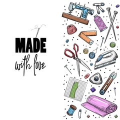 Tailor or dressmaker work and fashion designer atelier sketch items. Vector sewing illustration in retro vintage style