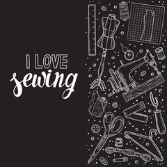 Tailor or dressmaker work and fashion designer atelier sketch items. Vector sewing illustration in retro vintage style on blackboard.