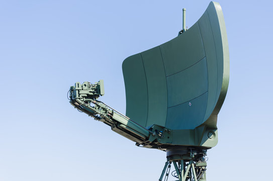 Military air defense radar station, modern army industry, white blue sky on background