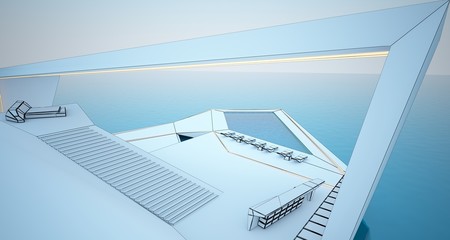 Abstract drawing architectural white interior of a modern villa on the sea with swimming pool and window. 3D illustration and rendering.