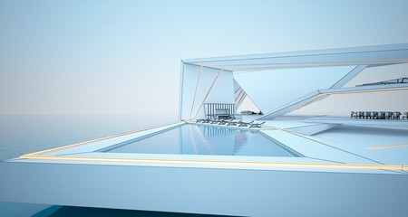 Abstract drawing architectural white interior of a modern villa on the sea with swimming pool and window. 3D illustration and rendering.