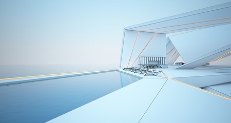 Abstract drawing architectural white interior of a modern villa on the sea with swimming pool and window. 3D illustration and rendering.