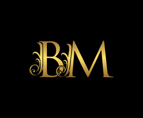 Golden B, M and BM Letter Classy Floral Logo Icon,  Elegant Design.