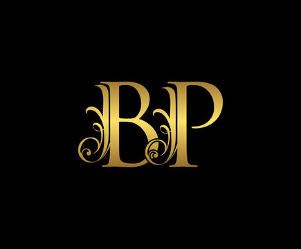 Golden B, P and BP Letter Classy Floral Logo Icon,  Elegant Design.