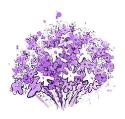 chamomile flowers,wildflowers bouquet,color background and black graphic,lilac blot.Hand drawn watercolor illustration