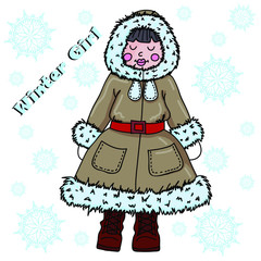 Vectron illustration. Girl winter. Ideal for book, paper and textile products.
