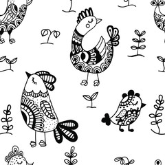 Vector seamless pattern. Hand-drawn birds. Chicken in the ornaments. Ideal for paper, gift and textile products.