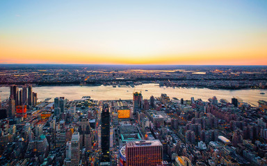 Aerial panoramic view to Downtown Manhattan and Lower Manhattan New York, USA. Skyline with skyscrapers. New Jersey City. American architecture building. Panorama of NYC. Manhattan West. Hudson River