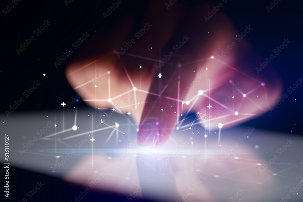 Poster finger touching tablet with global network concept and dark background