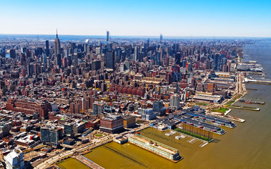 Aerial panoramic view on Skyline with Skyscrapers in Downtown and Lower Manhattan, New York City,...