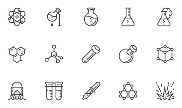 Chemistry Vector Line Icons Set. Laboratory, Flask, Experiment, Research, Scientific Equipment. Editable Stroke. 48x48 Pixel Perfect.