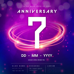 7 years anniversary logo template on purple Abstract futuristic space background. 7th modern technology design celebrating numbers with Hi-tech network digital technology concept design elements.
