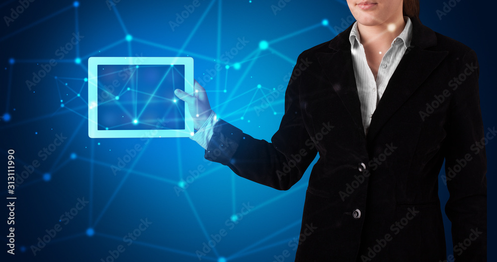 Poster formal hand in a dark space with virtual connection network concept