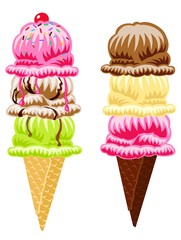 two triple scoop ice cream cones 