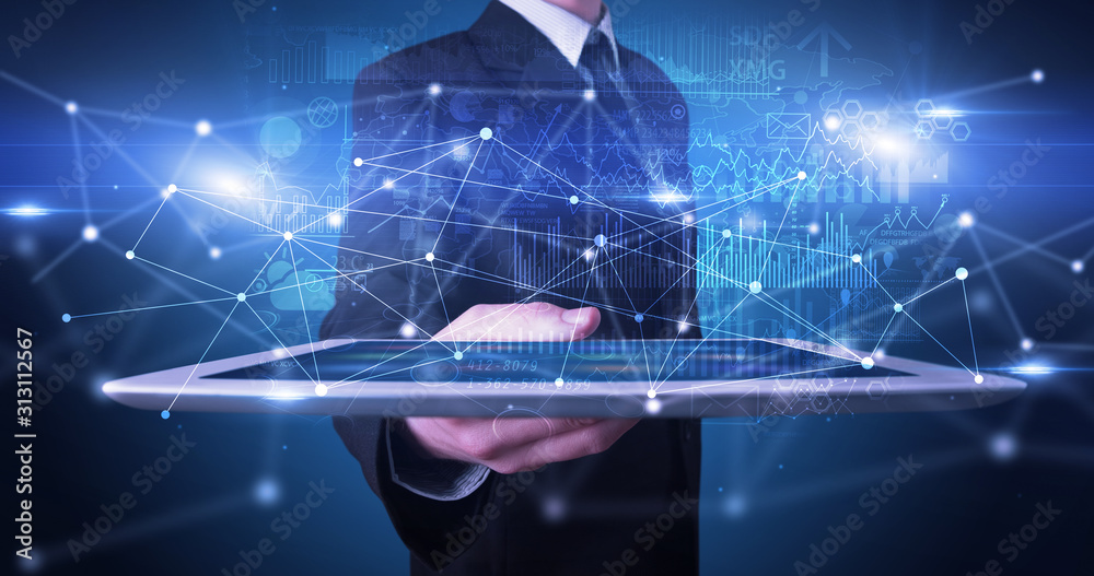 Poster elegant hand holding tablet with virtual database and network concept