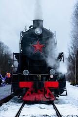 Vintage black steam locomotive train rush railway.