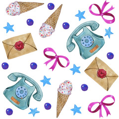 Watercolor romantic print. Valentine's Day. Wrapping paper, seamless pattern. Print for fabric, textile design for tablecloth, napkins. Celebratory decor, elements. Love, hearts, old phone, envelope,