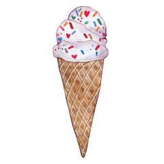 Watercolor illustration. Creamy white ice cream in a waffle cup. Sweets, dessert, summer freshness.