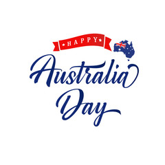 Happy Australia day typography banner. Map of Australia with flag and calligraphy with red ribbon. 26 January, Australian holiday. Vector illustration