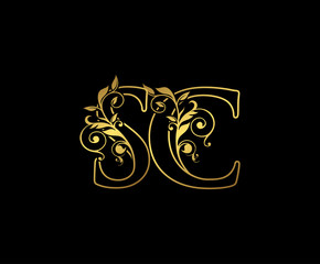 Golden S, C and SC Letter Classy Floral Logo Icon,  Elegant Design.