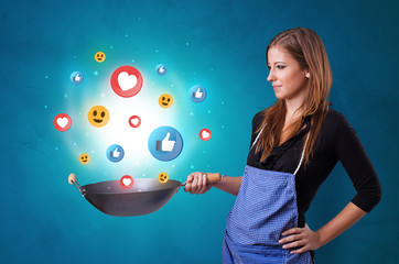 Young happy person cooking social media concept in wok